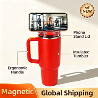 Gobelet isotherme en acier inoxydable de 40 oz pour le sport, avec poignée, couvercle et support magnétique pour téléphone, double paroi sous vide, pour boissons chaudes