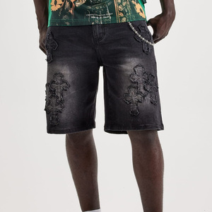 Shorts de Mezclilla Desgastados para Hombre con Apliques Cruzados, Cintura Media, Estilo Hip Hop, Ropa de Verano - Product Image 5
