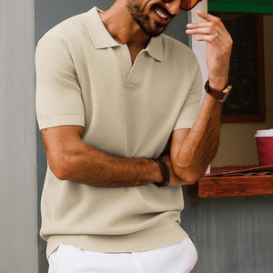 <b>Men's</b> Cream Short Sleeve Knitted Polo Shirt Solid Color Casual Breathable Regular Fit Collared Design - Product Image 3