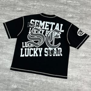 T-shirt unisexe surdimensionné à col rond avec graphisme et strass, broderie et impression, 200 GSM, 100% coton lourd - Product Image 2