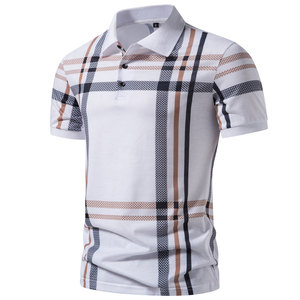 Polo à manches courtes pour homme, motif à carreaux, design tissé décontracté, coupe classique, blanc avec rayures bleues et beiges - Product Image 1