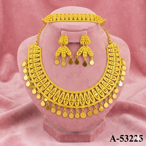 Wholesale Ethnic Charm Bridal Necklace Set 24K Gold Plated Jewelry with Earrings and Headpiece A-53225 - Product Image 1