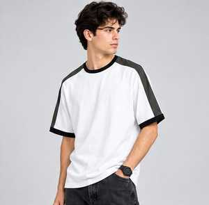 Men's White <b>Raglan</b> Sleeve <b>T</b>-<b>Shirt</b> Contrast Trim O-Neck Regular Fit Casual 100% Cotton Quick Dry Breathable Solid Color Blocked - Product Image 5