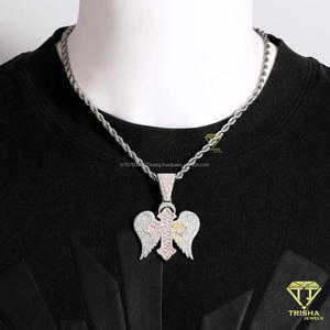 Angel Wing Cross Pendant Necklace with VVS Moissanite Diamonds and 925 Sterling Silver - Product Image 4