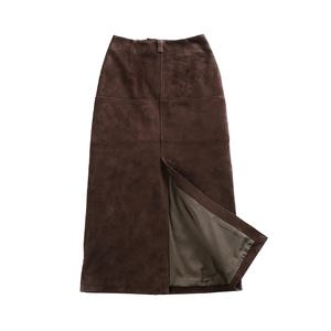 Jupe midi vintage en cuir suédé véritable taille haute pour femme, marron uni, avec fente et ceinture, respirante et écologique, collection automne - Product Image 1