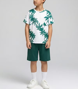 Boys Tropical Palm Print T-Shirt and Shorts Set Casual Summer Outfit Cotton Knitted Fabric White Green - Product Image 1