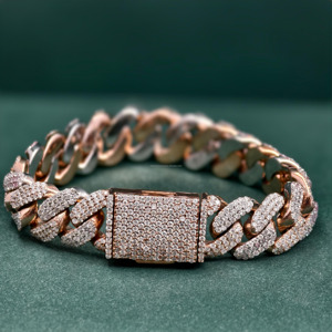 RB Gems Pulsera de Plata de Ley con Baño de Oro Rosa, 14K, 12mm, con Diamantes VVS de Corte Corazón Engastados en Bisel, 2 Filas, Estilo Cubano Iced, Romántica, Certificación GIA Fina - Product Image 3