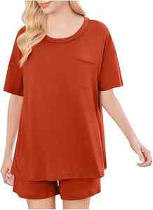 Ensemble d'été pour femme : Blouse anti-rides en crêpe de bonne qualité à col rond et manches courtes, et pantalon large à jambes amples - Product Image 5