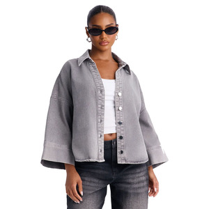 Women Denim <b>Shirt</b> Crop Top Long Sleeve Stonewashed Cotton Casual Spring Loose Fit Button Front Solid Color - Product Image 1