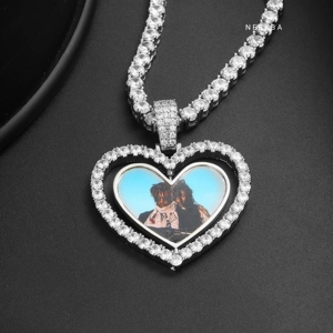 Iced Out Custom Heart Picture Pendant - 925 Sterling Silver Moissanite Custom Photo Pendant Personalized <b>Memory</b> Photo Pendant - Product Image 3