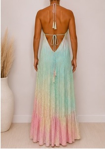 Boho V-neck Paisley 100% Silk <b>Elastic</b> Waist Backless Maxi <b>Dress</b> Woven Chiffon A-Line Regular Fit Summer Casual Floor-Length - Product Image 2
