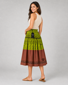 Custom Manufacturer Wholesale Womens <b>Boho</b> Ethnic Tribal Print Midi <b>Skirt</b> High Waist Elastic Smocked Green Brown A Line Cotton - Product Image 1