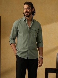 Camisa Casual de Algodón Verde Oliva para Hombre, Manga Larga, Cuello Clásico, Color Sólido, Tejido Popelina Transpirable, Estilo Primavera - Product Image 2