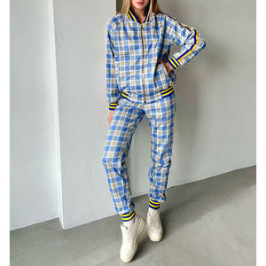 Conjunto Deportivo a Cuadros para Mujer, Manga Larga, Cierre Frontal con Cremallera, Pantalones Casuales con Bolsillos Laterales, Transpirable, de Poliéster, para Otoño - Product Image 3