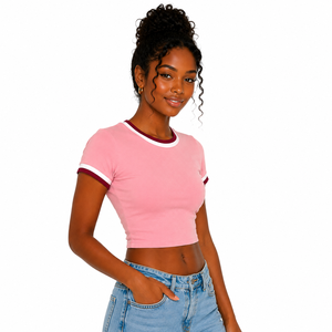 Premium Women's Pink <b>Crop</b> <b>Top</b> Short Sleeve Slim Fit Crew Neck Ringer T-Shirt Solid Color Casual Jersey Cotton Breathable - Product Image 6