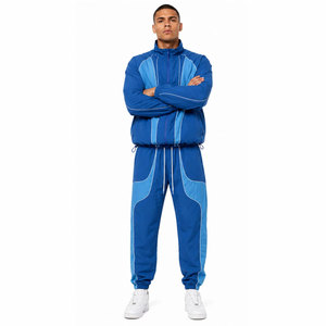 Survêtement unisexe bleu à blocs de couleur, manches longues, fermeture éclair, pantalon à cordon de serrage, style sportif, vêtement d'automne, 100 % polyester - Product Image 5