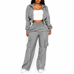 High Quality Women Windbreaker <b>Tracksuit</b> Set Cargo Pants Zip Jacket Streetwear Custom OEM Apparel - Product Image 5