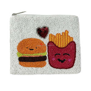 Pochette à monnaie perlée personnalisée, motif hamburger et frites, portefeuille zippé fait main, cadeau unisexe, pochette brodée en tissu de coton portable - Product Image 1