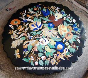 Plateau de table rond en marbre noir, design nouveau et tendance, avec incrustation florale en nacre blanche, pour la décoration de la maison et des restaurants. - Product Image 6