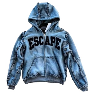 Sudadera Personalizada 2025 de Estilo Urbano, Tejido de Algodón 100% de Alto Gramaje, con Pedrería, Parche de Costura Invertida, Bordado Desgastado, Lavado Vintage y Cremallera - Product Image 1