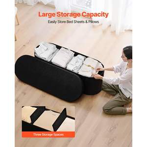 Grand pouf de rangement ovale noir en polaire Teddy, banc de bout de lit pliable rembourré, coffre de rangement pouf, supporte 660 lb pour le salon - Product Image 2