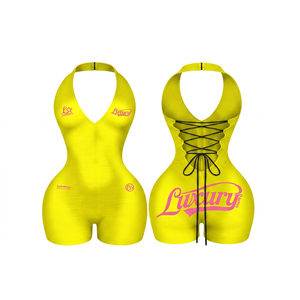Body de luxe pour femme vert à col licou sans manches, coupe ajustée, avec laçage frontal, imprimé logo rose, extensible, style débardeur cami, Printemps - Product Image 4