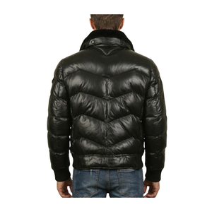 Men's Premium Quilted Leather Puffer <b>Jacket</b> with Genuine Shearling Collar J-1 Down Coat - Product Image 1