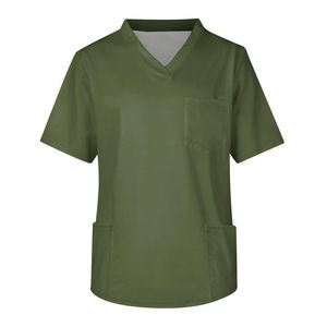 Haut d'infirmière tissé d'été, uniforme de travail unisexe à manches courtes et col en V, couleur unie, avec poche, pour hôpital et pharmacie - Product Image 1