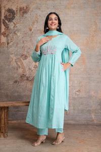 Traditional Indian Cotton Anarkali <b>Kurti</b> With Pant & Dupatta Floral Embroidery Loose Fit Ankle Length For Women All Seasons - Product Image 5