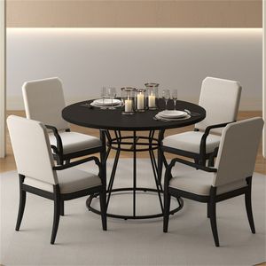 Table à manger ronde noire de 47 po pour 4 à 6 personnes, base en métal en forme de sablier durable et stable avec plateau incurvé, montage facile - Product Image 6