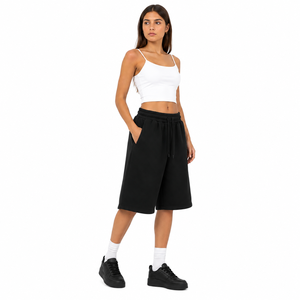 <b>Women's</b> <b>Black</b> Bermuda Sweat <b>Shorts</b> Mid Waist Drawstring Loose Fit Casual Solid Color Fleece Material Knee Length With Pockets - Product Image 5