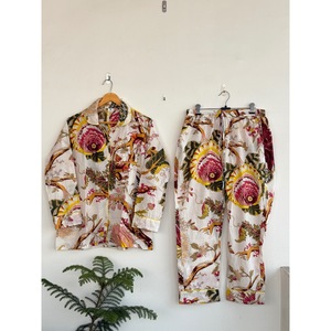 Conjunto de Pijama Bohemio con Estampado Floral, 100% Algodón, Manga Larga, Corte Regular, Cintura Elástica, Uso Diario Informal, Transpirable para Todas las Temporadas - Product Image 1