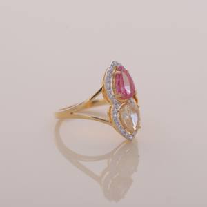 IGI Certified Two Stone Pear Cut Pink & Yellow Diamond Halo Bypass Toi et Moi <b>Ring</b> In 9K Yellow / White & Rose Gold - Product Image 5