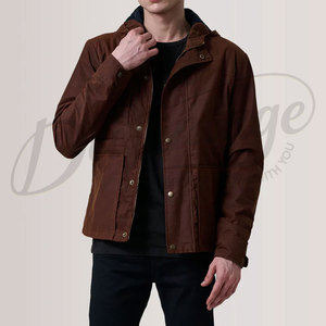 Veste en toile cirée marron pour homme, résistante à l'eau, à capuche, veste de plein air décontractée, coupe ajustée, veste de campagne en coton avec poches - Product Image 6