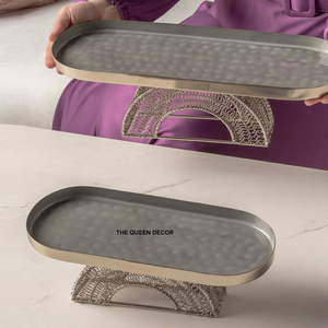 Antique Metal Serving Tray Handmade High Quality Light <b>Weight</b> Fancy Oval Shape Unique Table Top <b>Storage</b> Home Organization - Product Image 4