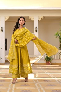 Ensemble Salwar Kameez pour femme en coton pur brodé jaune avec travail de miroir, Kurti à manches 3/4 et pantalon avec dupatta pour fête et mariage - Product Image 4