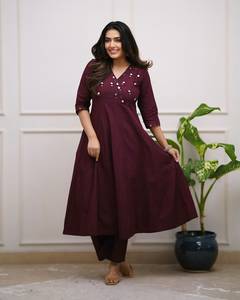 Maroon V-Neck A-Line Midi <b>Dress</b> with Sequin Embroidery Long Sleeve Casual <b>Loose</b> Fit Woven Cotton Summer <b>Dress</b> - Product Image 1