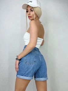 Shorts en jean taille haute pour femme, coupe ample, noir, avec taille élastique, jambes larges, pour l'été - Product Image 6