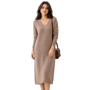 Robe midi élégante en tricot à col en V, manches longues, couleur unie, décontractée, longueur complète, respirante, pour l'été/le printemps, ensemble de robes pour femmes - Product Image 1