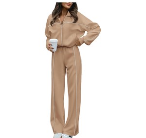 Ensemble de survêtement blanc pour femme, manches longues, fermeture éclair, coupe décontractée, couleur unie, respirant, en polyester, style printemps - Product Image 4