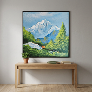 Pintura Acrílica Hecha a Mano de Paisaje Montañoso sobre Lienzo con Excursionistas, Estilo Bohemio/Natural Moderno, Enmarcado con Pinza, Escena de Montaña - Product Image 3