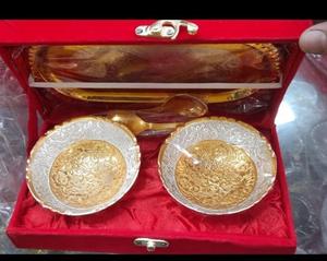 Luxurious Look Gold <b>Coloured</b> Brass Bowl & Tray <b>Set</b> for Gifting on Wedding Anniversary Tabletop Bowl With Red Velvet Box Avail - Product Image 3