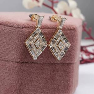 Boucles d'oreilles doubles halo en or massif 10K 14K 18K de haute qualité, faites à la main, avec des pierres baguette et rondes, fermoir à vis, originales - Product Image 2