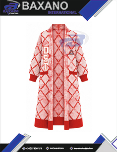 Delta | Sigma | Theta Sorority <b>Women's</b> Red White <b>Longline</b> Argyle Knit Duster <b>Cardigan</b> Open Front Mandarin Collar Winter Sweater - Product Image 4