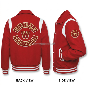 Chaqueta Varsity Roja para Hombre, Estilo Preppy, Cuello Camisero, Manga Regular, Cierre de Botón, Color Sólido, Material de Poliéster, para Otoño - Product Image 2