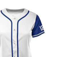 Jersey Baseball Putih Biru Kustom Lengan Pendek Bahan Mesh Bernapas Kancing Depan Bordir Nomor Tim Ukuran Besar