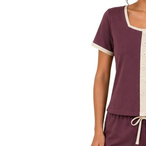 Conjunto de Dos Piezas para Mujer, Color Morado, Top Corto con Cuello Cuadrado y Botones, Ribete en Contraste Crema, Ropa Casual de Verano de Algodón, Estilo Lounge, OEM - Product Image 3