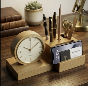 Pen Holder With In built Analog Clock Custom Corporate Gifting Table <b>Organiser</b> <b>Stationary</b> Holder Caddy Mango Wood Handmade - Product Image 1