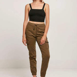 Pantalon cargo femme taille mi-haute avec cordon de serrage, cheville élastiquée, couleur unie, poches, style printemps, 100% toile de coton - Product Image 1