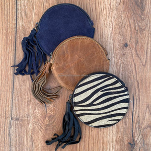 Gran oferta de monedero de cuero genuino con estampado de animales y pelo con llavero de borla, monedero con cremallera de cuero de vaca de forma redonda - Product Image 4